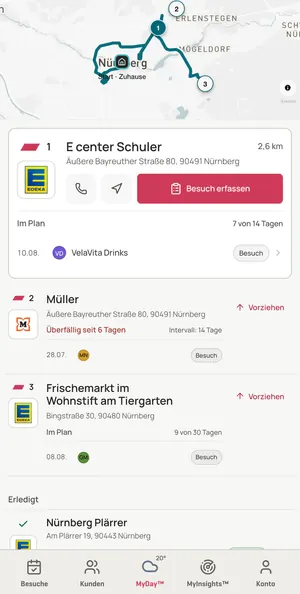 FieldProFlow auf dem Handy: Tagesplan mit Route und nächstem Besuch, Demodaten